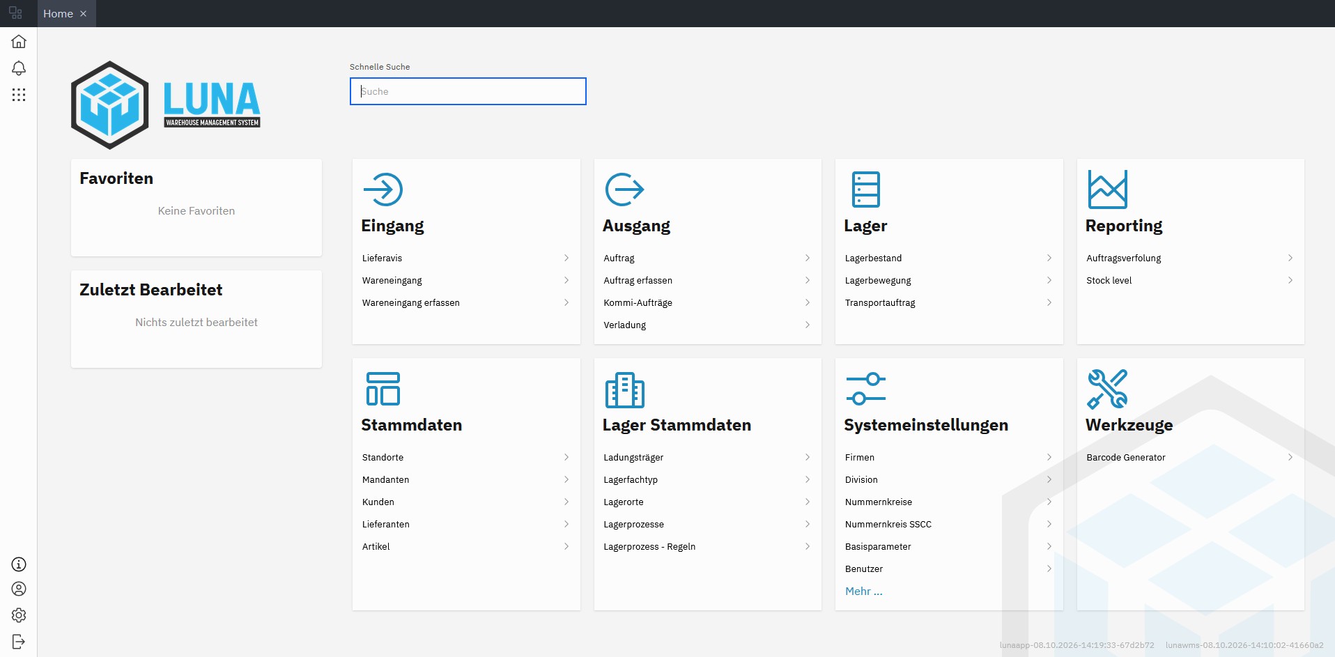 LUNA WMS Startseite mit Eingang, Ausgang, Lager und Reporting